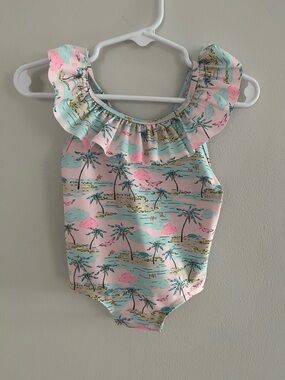 NWT H&M Ruffle Baby Toddler One-Piece Swimsuit - Pastel Palm Print Sz 6-12 M